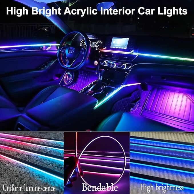 Acrylic Interior Car LED Strip Light with APP Remote Control,175 inches 10 in 1 RGB Dreamcolor Neon Strip Fiber Optic LED Ambient Lighting Kits,RGB Music Lights Sync for Inside car Decorations