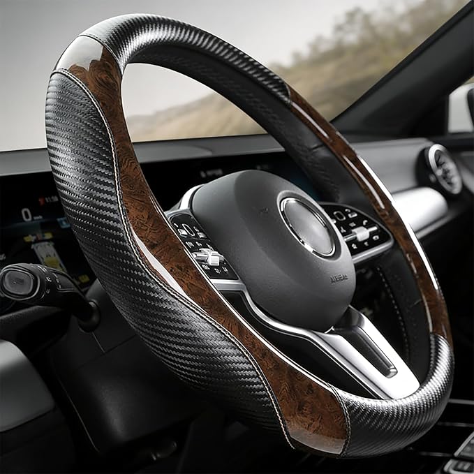 Wood Grain Steering Wheel Cover with Coasters Universal 14.5-15 inch | Black Carbon Wood Car Steering Wheel Covers Leather Microfiber Breathable Anti-Slip Durable Steering Wheel Accessories