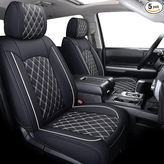 YIERTAI Tundra Seat Covers Compatible with 2008-2024 2025 2026 Toyota Tundra Crewmax Double Cab SR5 Limited Platinum TRD Pro Crew Cab Truck Waterproof Leather Seat Covers(5 PCS Full Set/Black-White)