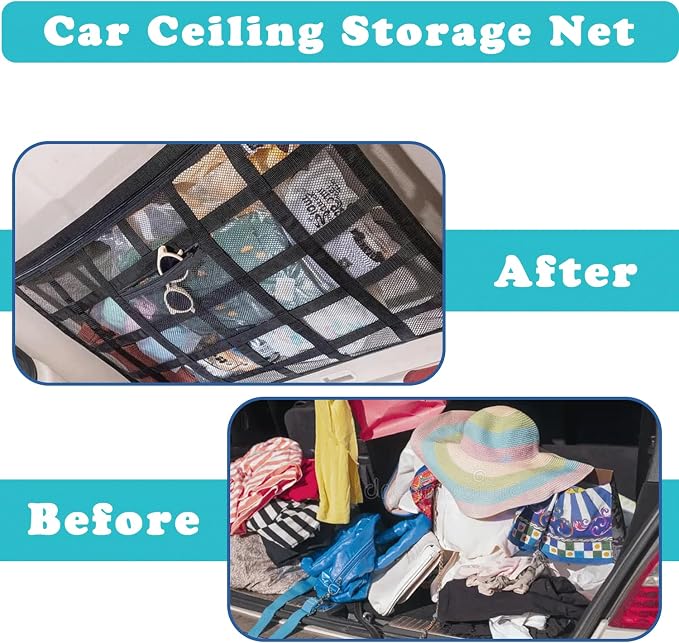 Car Ceiling Cargo Net with Backseat Organizer, Anti-Fall Ceiling Mesh Storage Organizer, Double Layer Cargo Net, Heavy Duty Load Capacity Roof Net Inside Car, Easy-to-Install & Reduce Sagging.