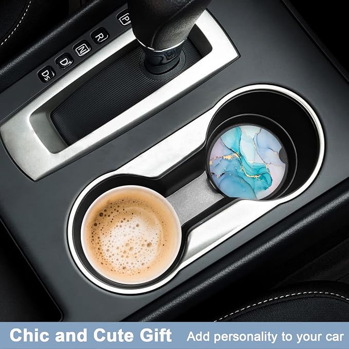 Nipichsha Car Coasters for Cup Holders, 2 Pack Absorbent Ceramic Car Cup Holder Coaster for Drink, Cute Auto Assecories for Women, Universal Size 2.56 in with Finger Notch & Cork Base, Colored Marble