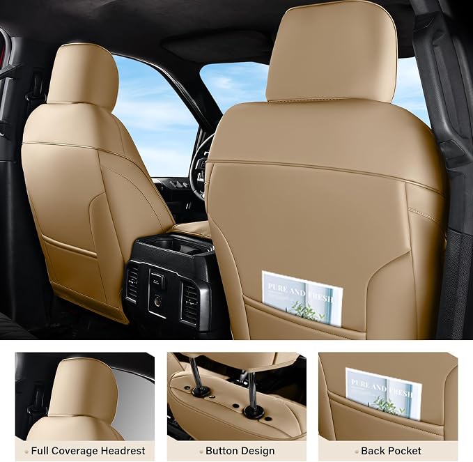 Coverado Premium Leather Truck Seat Covers Full Set – Custom Fit, Waterproof, Heavy Duty, Anti-Spill, Scratch Resistant Protector for Ford F150 2015-2026, F250-F450, Beige
