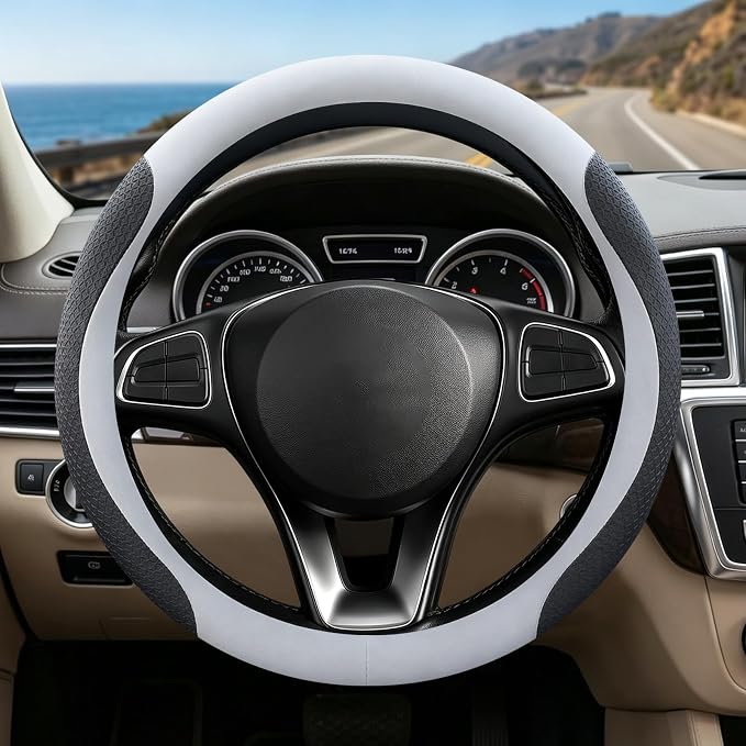 Premium Nappa Leather Steering Wheel Cover, Universal, Comfort Grip, Anti-Slip Breathable, Compatible with 14.5-15 in Steering Wheel Protector, White