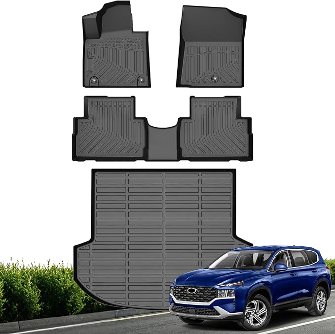 Floor Mats for 2021 2022 2023 Hyundai Santa Fe (Not for Hybrid) | All Weather TPE Floor Liners Custom Fit Santa Fe Heavy Duty Car Mats 1st & 2nd Row & Trunk Mat Accessories Black