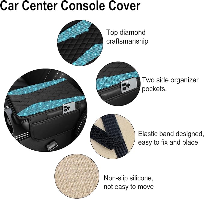 NBTEPEM Bling Car Center Console Cover, Leather Middle Console Cover with 2 Storage Bags, Universal Arm Rest Cover Protector, Bling Car Accessories Interior Fit for Most Vehicles, Aquamrine Diamond