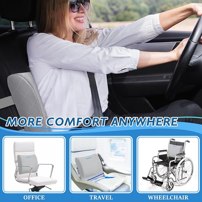 Lumbar Support Pillow for Office Chair Back Support Lumbar Pillow for Car, Gaming, Office Chair - Improve Sitting Posture & Back Pain Relief, Memory Foam, Adjustable Straps, Light Grey
