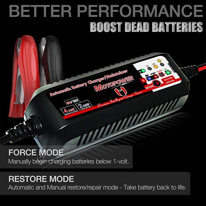 MOTOPOWER MP00207 6V and 12V 4AMP Automatic Smart Battery Charger | Battery Charger, Battery Maintainer, Battery Desulfator with Force Charging Recondition Mode