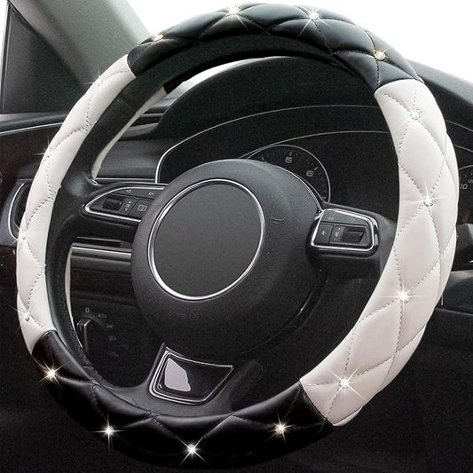 Black White Steering Wheel Cover, Anti-Slip Steering Wheel Protector with Crystal Rhinestones, Car Steering Wheel Cover for Women and Girl Fit 14.5-15 inch