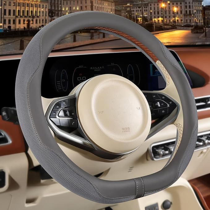 Nappa Leather Grey D Shaped Steering Wheel Cover 14 inch | Non-Slip Breathable Ice Silk Fabric, Warm in Winter and Cool in Summer, Small 13.5 inch to 14 inch for Prius Civic