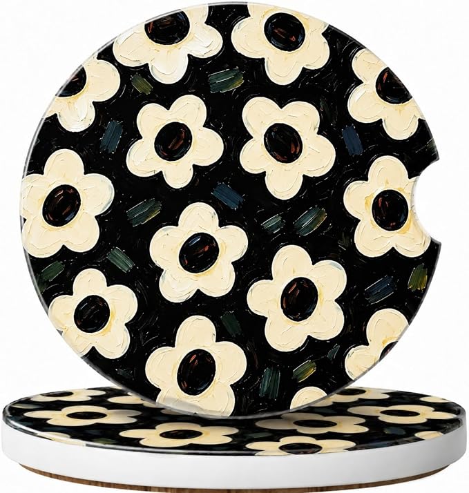 2Pack Car Cup Holder Coasters Absorbent Ceramic Coaster 2.56" for Women & Men Auto Flower Car Accessories (Ceramic Flower)