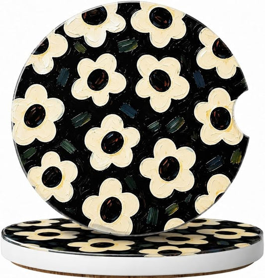 2Pack Car Cup Holder Coasters Absorbent Ceramic Coaster 2.56" for Women & Men Auto Flower Car Accessories (Ceramic Flower)