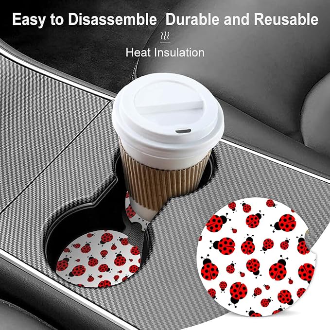 2 Pack Absorbent Car Coasters for Cup Holders,Red Ladybug Ceramic Coasters with Cork Back and Finger Slot,Cute Cupholder Accessories to Keep Your Car Cup Holders Clean and Dry 2.56"