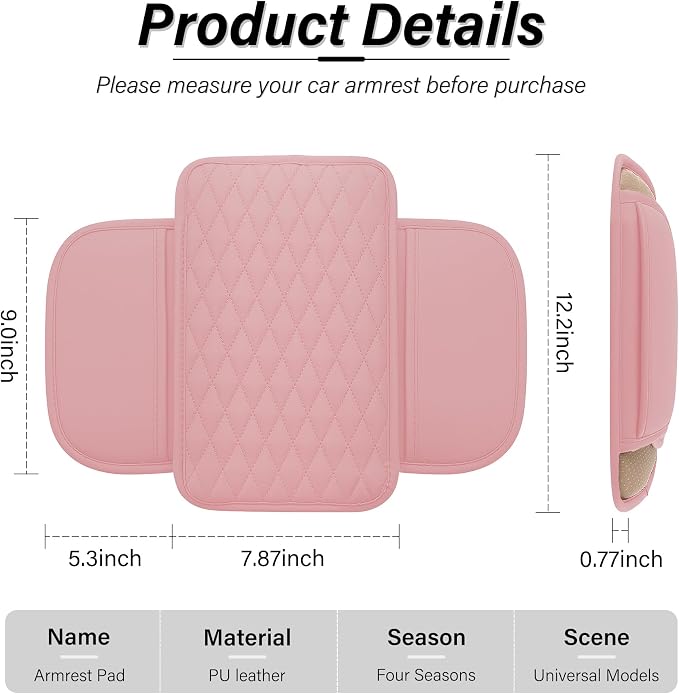 Amiss Car Center Console Cover, Upgraded Leather Car Armrest Cushion with 2 Storage Pockets, Universal Waterproof Cushion Pad, Non-Slip Car Interior Accessories, Fits Most Sedans SUVs Trucks (Pink)