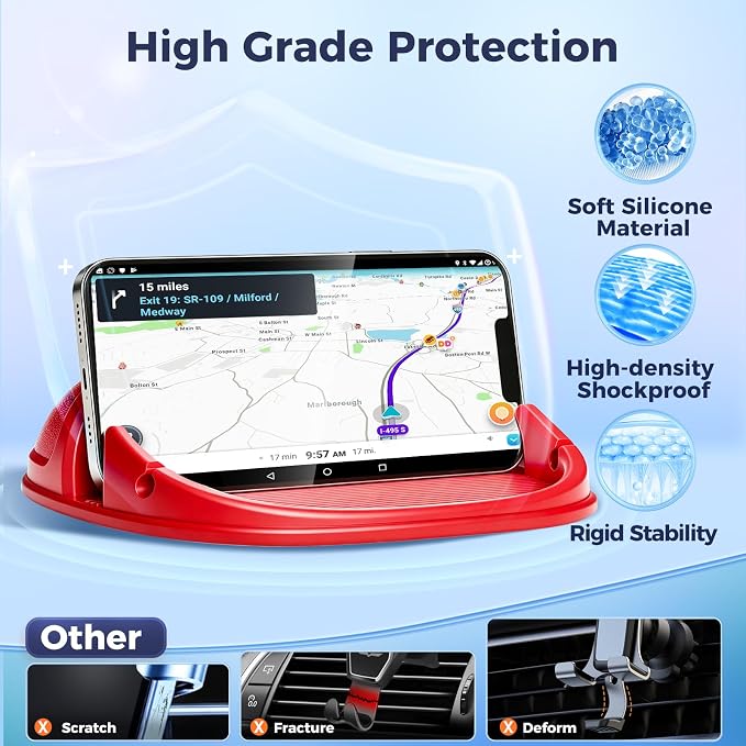 Loncaster Car Phone Holder, Car Phone Mount Silicone Car Pad Mat for Various Dashboards, Slip Free Desk Phone Stand Compatible with iPhone, Samsung, Android Smartphones, GPS Devices and More (Red)