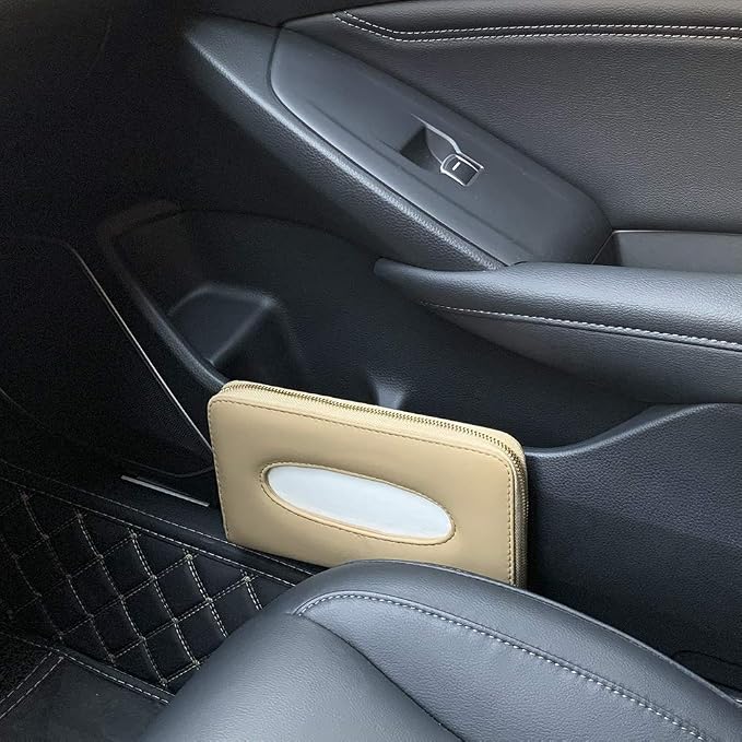 Car Tissue Holder, Sun Visor Napkin Holder, PU Leather Backseat Tissue Case with Zipper (Beige)