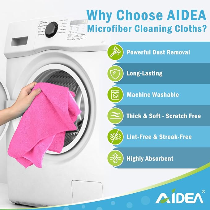 AIDEA Pink Microfiber Cleaning Cloth-12PK, Absorbent Cleaning Rags 12"x12" | Microfiber Towels for Cars Lint Free, Shop Towels, Kitchen Towels Pink Stuff Microfiber Towels, Cleaning Towels for Garage