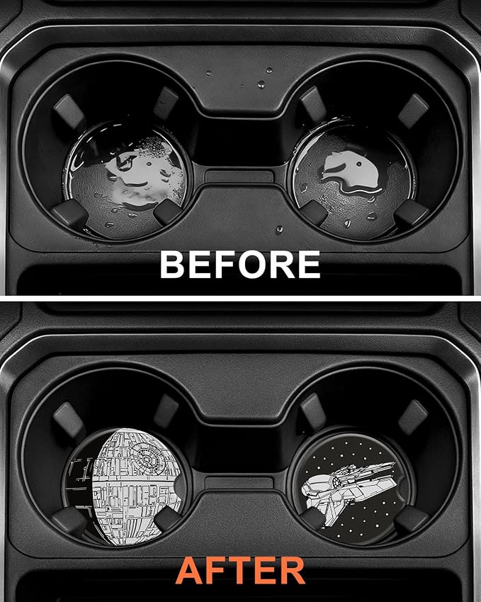 Swooflia Car Coasters for Men - Spaceship Ceramic Car Cupholder Coaster Cool Absorbent Mat Coaster with Cork Base 2 Pack Automotive Cup Holder Accessories New Driver Gifts