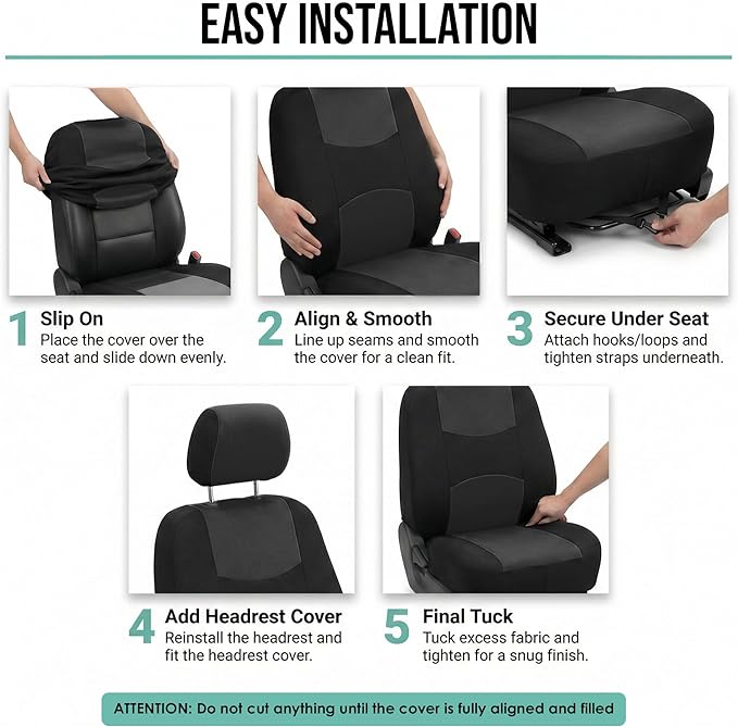 FH Group Car Seat Covers Full Set Cloth - Universal Fit Automotive Seat Covers, Low Back Front Seat Covers, Solid Back Seat Cover, Washable Car Seat Cover For SUV, Sedan And Van Black