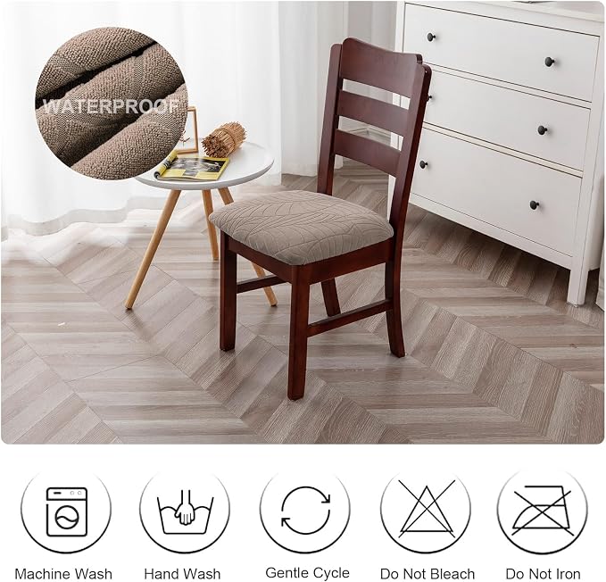Genina Waterproof Seat Covers for Dining Room Chairs, Stretch Chair Seat Covers Removable Washable Dinning Room Kitchen Chair Cushion Slipcovers (Leaves-Taupe, 2 PCS)