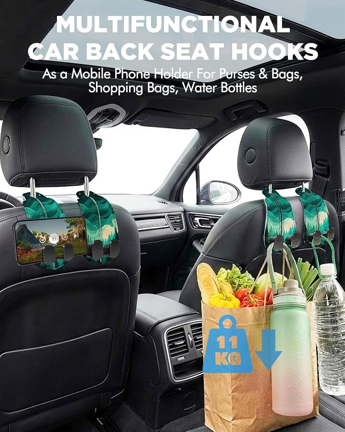 WOCOCN Purse Holder for Car, 2 Pack Heavy Duty Purse Hanger for Car, PU Leather Car Seat Hooks for Purses and Bags, Cute Forest Headrest Organizer for Handbags & Backpacks