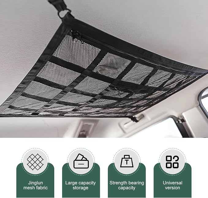 Car Ceiling Cargo Net, 31.5" x 21.6" Double-Layer Mesh Roof Storage Net, Adjustable Car Roof Mesh Storage Nets Organizer, Universal for SUV, Travel Road Trips, Camping Essentials