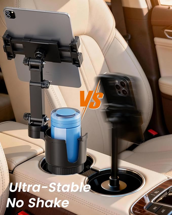 OHLPRO Cup Holder Tablet Mount for Car, Anti-Shake iPad Stand with Drink Holder Fits 5-17" iPad, Tab S10, iPhone, Heavy Duty Truck Vehicle Auto Accessories, Dual Handle Slots Large Mugs