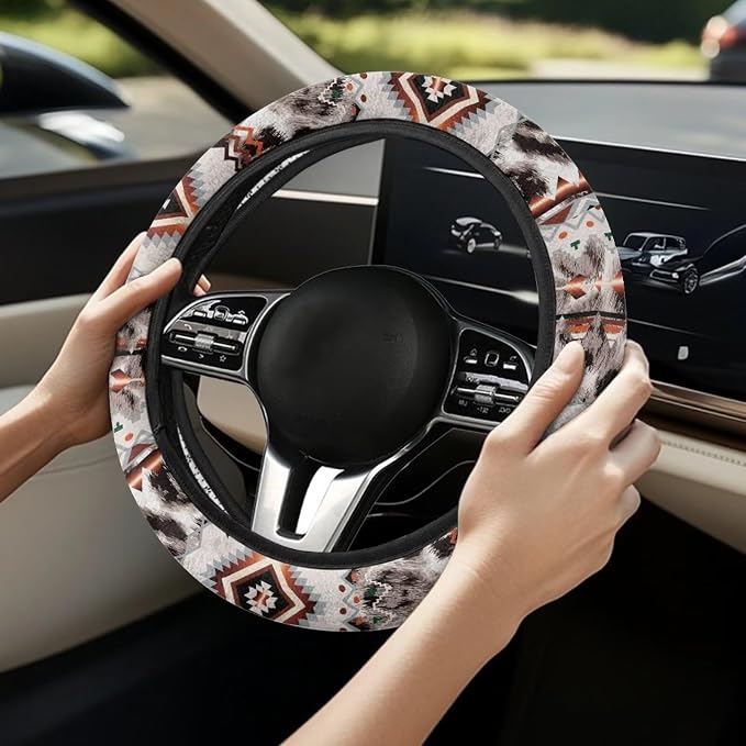 Wanyint Car Steering Wheel Cover Universal 15 Inch Steering Wheel Wrap Anti-Slip Soft Elastic Decorative Auto Accessories All Weather Protection, Aztec Gray Leopard Print