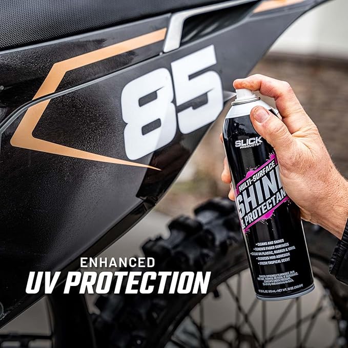 Slick Products Shine & Protectant Spray 17.35 FL OZ. - High Gloss Clear Coating Renew Vinyl, Plastic, Rubber, Trim, Tire, Engine, Car, Truck, Motorcycle, Dirt Bike