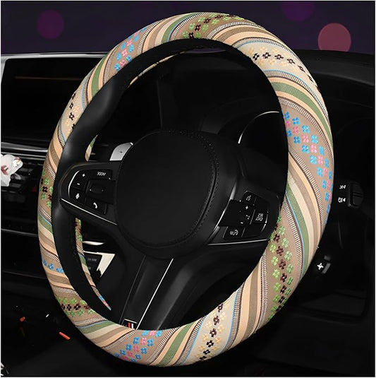 Boho Steering Wheel Cover, Anti-Slip Coarse Flax Cloth Ethnic Style Auto Wheel Cover, Breathable Boho Auto Steering Wheel Protector for Women Men, Car Accessories (Style G)