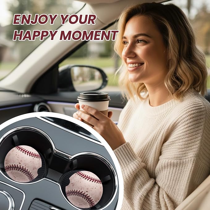2 Pack Baseball Car Coasters for Men Women Car Cup Holder Coasters, 2.63 Inch Anti Slip Ceramic Absorbent Coaster with Cork Base and Finger Notch, Funny Car Accessories Interior