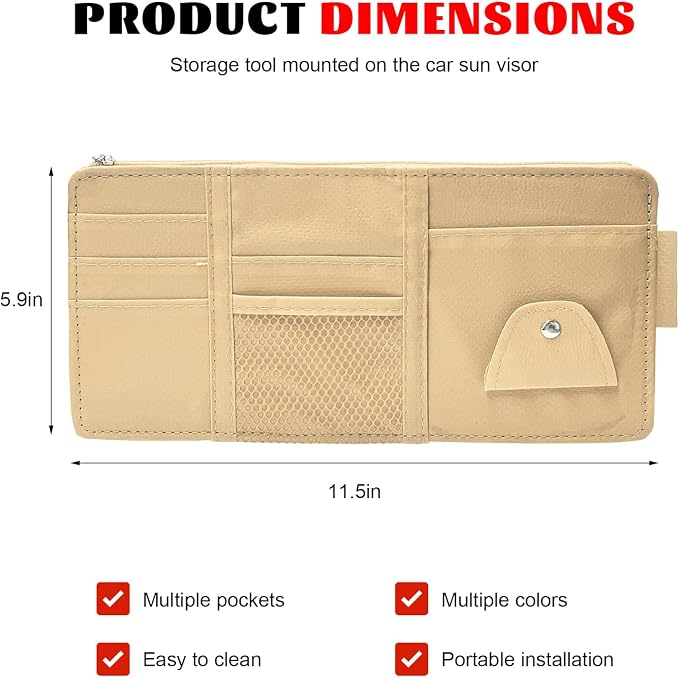 Car Sun Visor Organizer, Multifunctional Auto Visor Storage Bag with Net Pocket & Eyeglass Clamp, Waterproof Multi-Pocket Storage Pouch Ticket Organizer for Car Sun Visors (Beige)