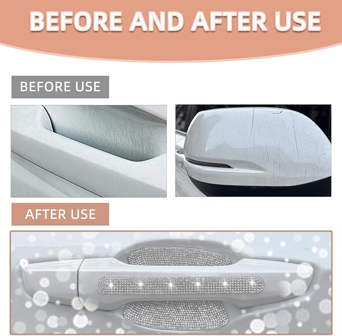 10 pcs Bling Diamond Car Door Handle Stickers, Bling Car Accessories for Women, Universal Rhinestone Crystal Glitter Door Handle Protector Stickers and Decals, Scratch Safety Reflective (Silver)