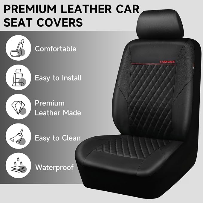 CAR PASS Quilting Faux Leather Seat Covers Full Set, Waterproof Deluxe Premium Seat Cover with 5mm Composite Sponge Inside, Airbag Compatible Auto Seat Cover Universal Fit for 95% Sedan SUV Van, Black