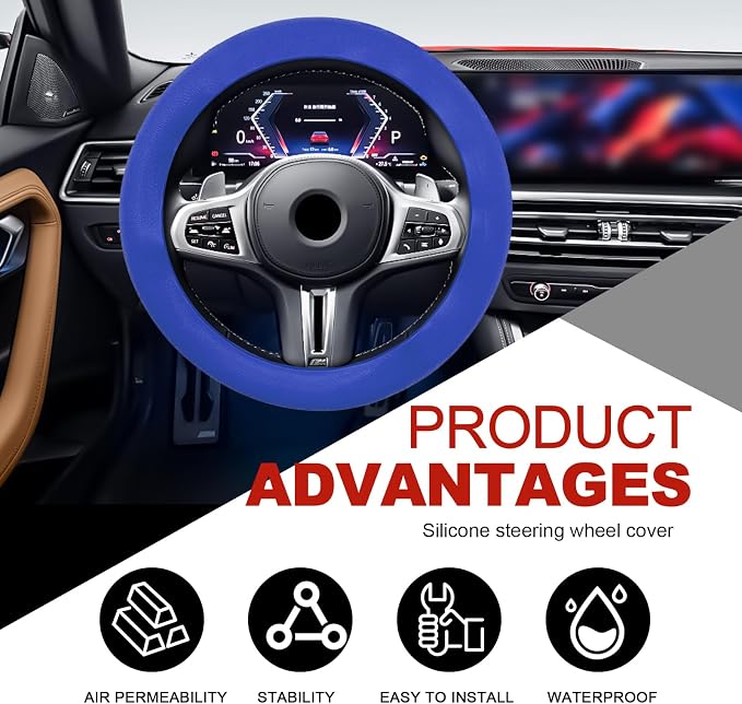 Silicone Steering Wheel Cover - Thicker Universal Stretchy & Anti-Slip Grips, Universal Fit 14"-16" Silicone Steering Wheel Protector for Men and Women, Car Interior Accessory (Blue)