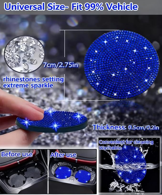 11 pcs Bling Car Accessories Set for Women,Steering Wheel Cover,Sparkly Seat Belt Covers,Daisy Vent Clips,Bling Shift Cover,Car Cup Holder Coaster,Universal Fit Most Cars (Blue Diamond)