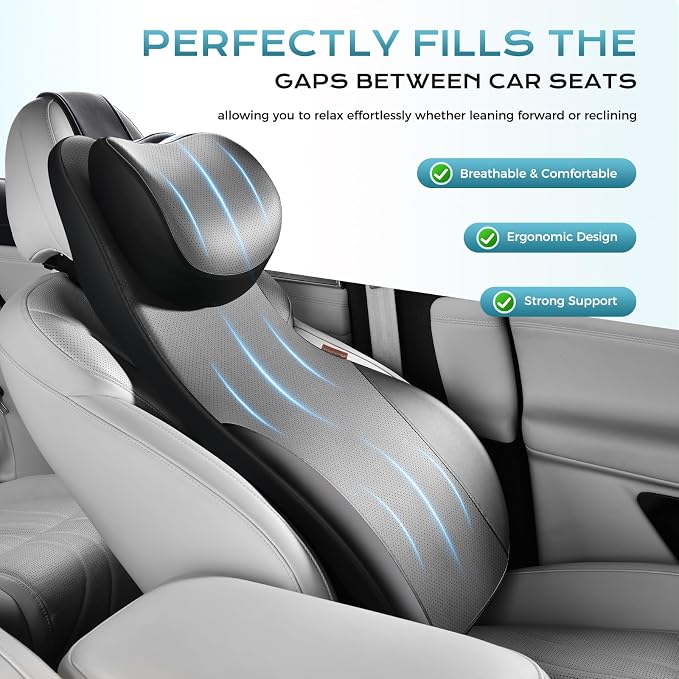 Coverado 2-in-1 Lumbar Support Headrest Pillow, Adjustable-Height Velcro Design Car Neck Pillow, Ergonomic Memory Foam Back Support for Car, PU Leather Cushion for Neck Back Pain Relief, Blackgray
