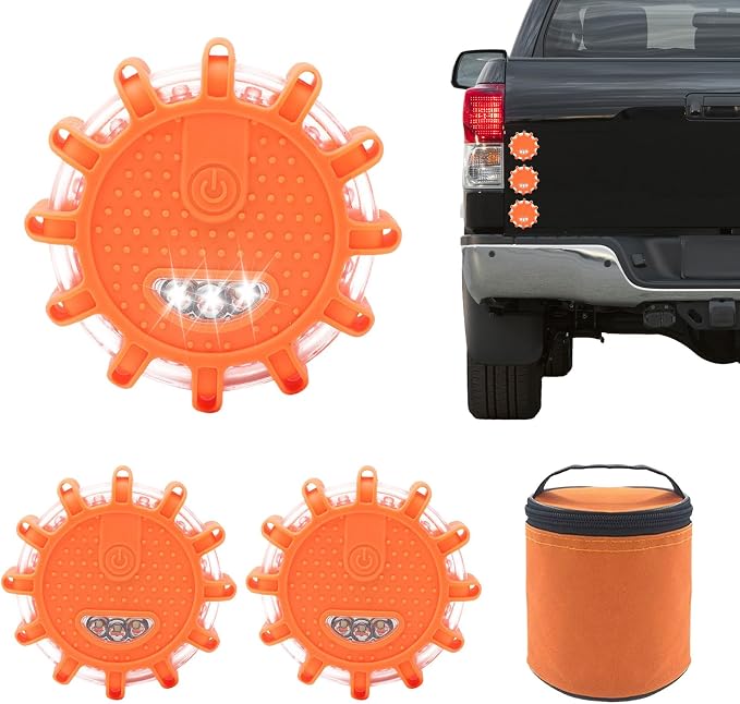LED Road Flares - 3 Pack Magnetic Caution Lights, Waterproof Flash Beacon with 9 Modes, Roadside Safety, Warning, Durable LED Signal Lights for Cars, Trucks, Construction Zones, Traffic Acci