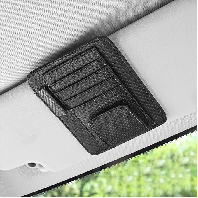 povtii Car Sun Visor Organizer, Waterproof Leather Car Sun Visor Storage Clip, Multifunctional Vehicle Sun Visor Folder with Sunglasses Clip, Universal Interior Car Accessories (Black Carbon Fiber)