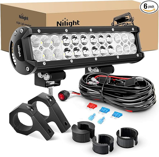 Nilight 12 Inch 72W LED Light Bars Spot Flood Combo Off-Road Light Mounting Bracket Horizontal Bar Tube Clamp with Off Road Wiring Harness, 2 Years Warranty (Pack of 6)