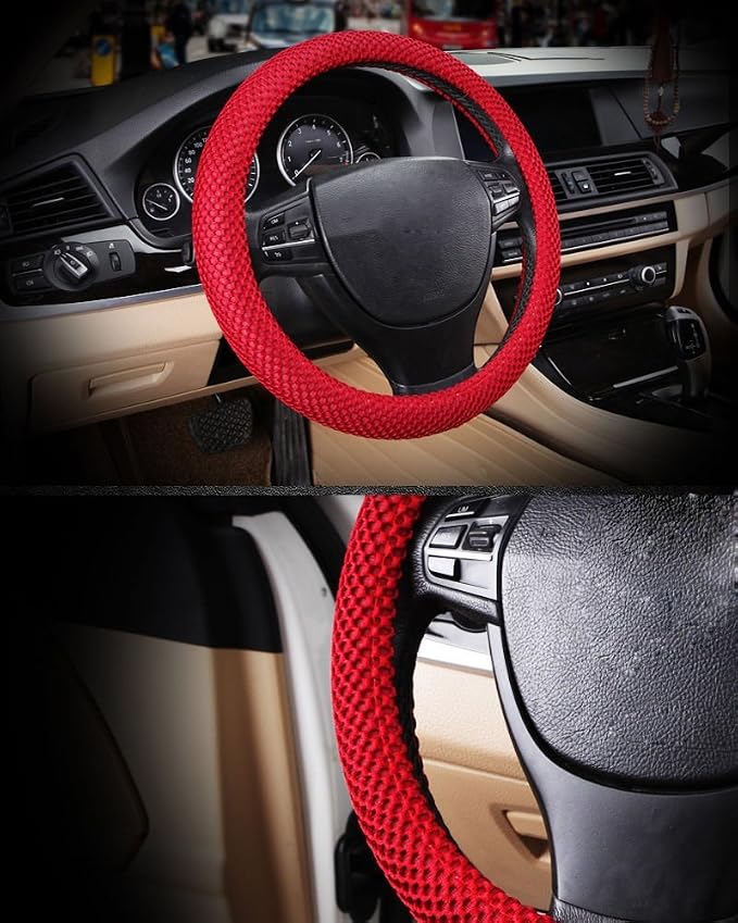 Odorless Standard Size Breathable Car Steering Wheel Cover -No More Sweat Hands 38cm 15"-red