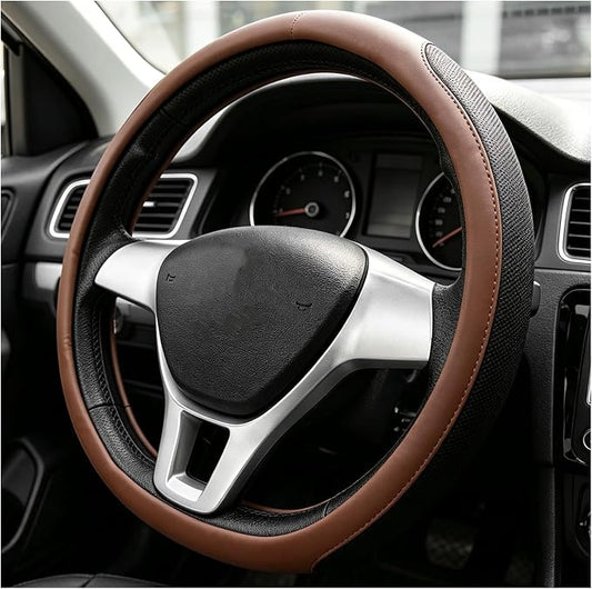 Sun Walker Steering Wheel Cover, Breathable Leather Steering Wheel Covers with Perforated Sides, Anti-Slip Comfortable Grip Auto Sleeve for 14.5-15 Inch Wheels, Car Accessories (Brown)
