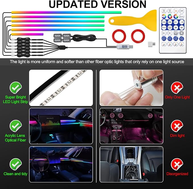 Dreamcolor Acrylic Interior Car LED Strip Light with USB/Type C, 10 in 1 with 179.24 inches 610 LEDs Ambient Lighting Kits, Sound Active Function Neon Accessories