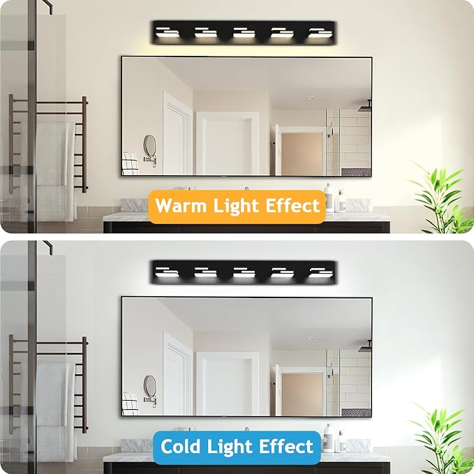 LED Modern Bathroom Vanity Light Fixtures, Dimmable Matte Black Vanity Lights for Bathroom Lighting Fixtures Over Mirror, with 360° Rotatable Acrylic Heads 5-Light 36-inch 5CCT