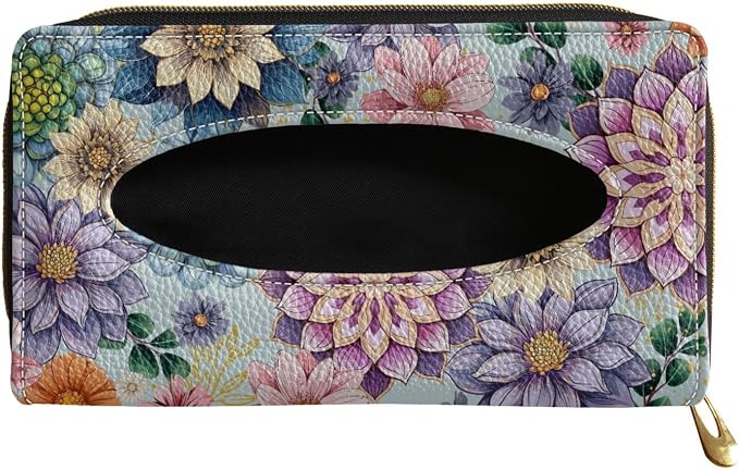 Boho Flower Automotive Visor Tissue Holder PU Leather Tissues Box Cover for Car Tissue Box for Sun Visor & Back Seat