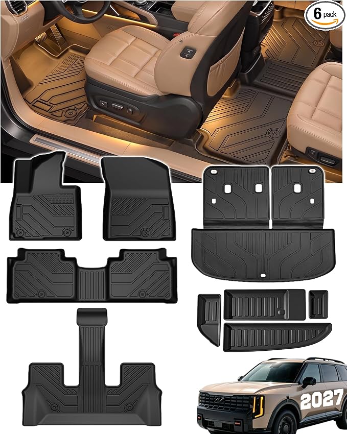 Floor Mats for 2027 Kia Telluride Hybrid (Suitable for HEV), All Weather TPE Telluride Floor Liners Full Set with Cargo Mat & Backrest Mats, Custom Fit 7 Passenger 2027 Telluride Hybrid Accessories