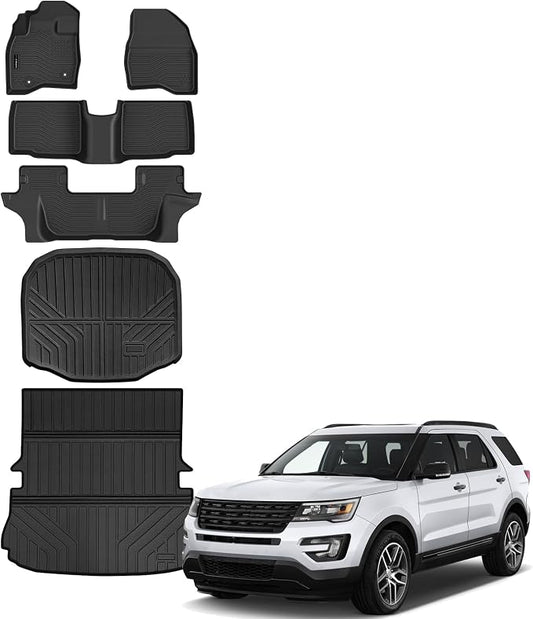 Auxko All Weather Floor Mats Cargo Mat with Backrest Mat & Under Trunk Mat & Door Sill Protector for Ford Explorer 2015-2019 TPE All Season Accessories Guard Odorless Anti-Slip Liners Trunk Tray