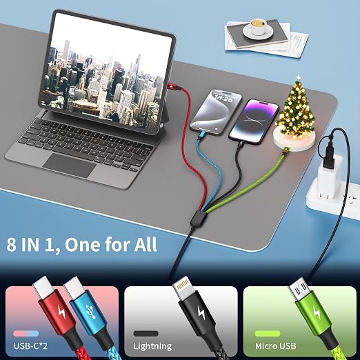 4 in 2 Multi Charging Cable, 2 Pack 5FT Dual Input Charging Cords | USB A & USB C Inputs with Dual USB C, IP & Micro Outputs, Travel Essentials, Phone Charger for Multiple Devices