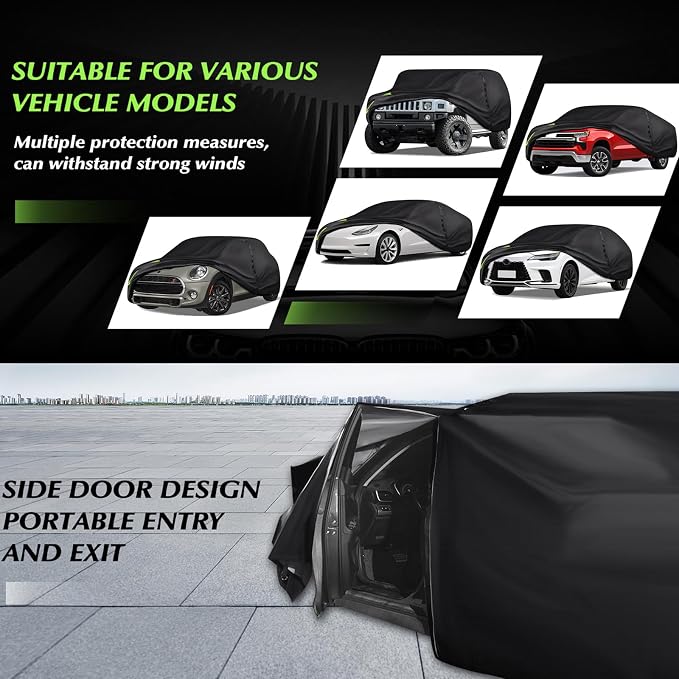 16-Layer 600D Heavy Duty All Weather Car Cover, Waterproof UV Snow Dust Scratch Resistant Universal Full Cover for MPV 199"-210"/ 16.5-17.5 ft Outdoor Indoor Black