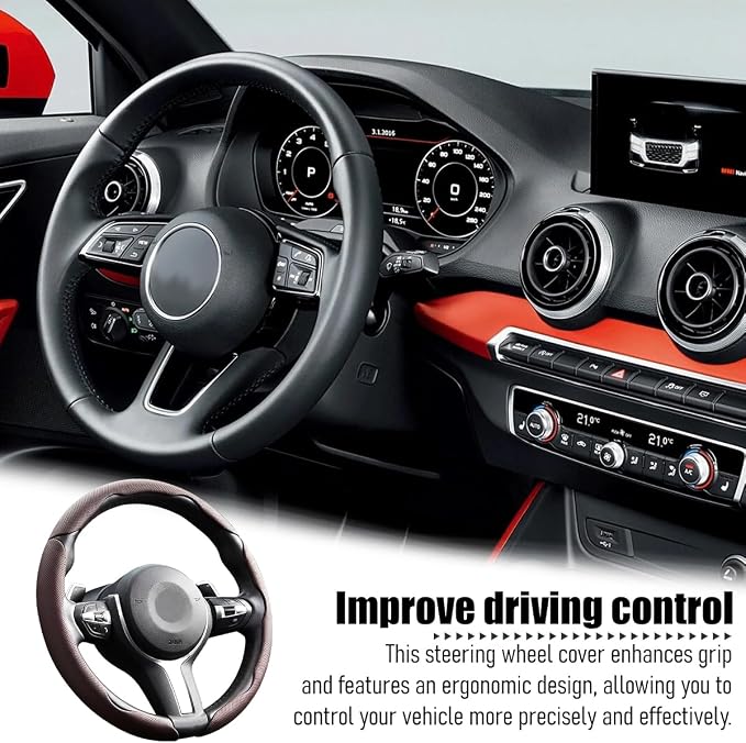 3PCS Car Steering Wheel Cover, 14.5-15" Breathable Nappa Leather Segmented Steering Wheel Protector with Non-Slip Grip, Stylish Auto Decor Accessories, Universal for Vehicles (Dark Brown)