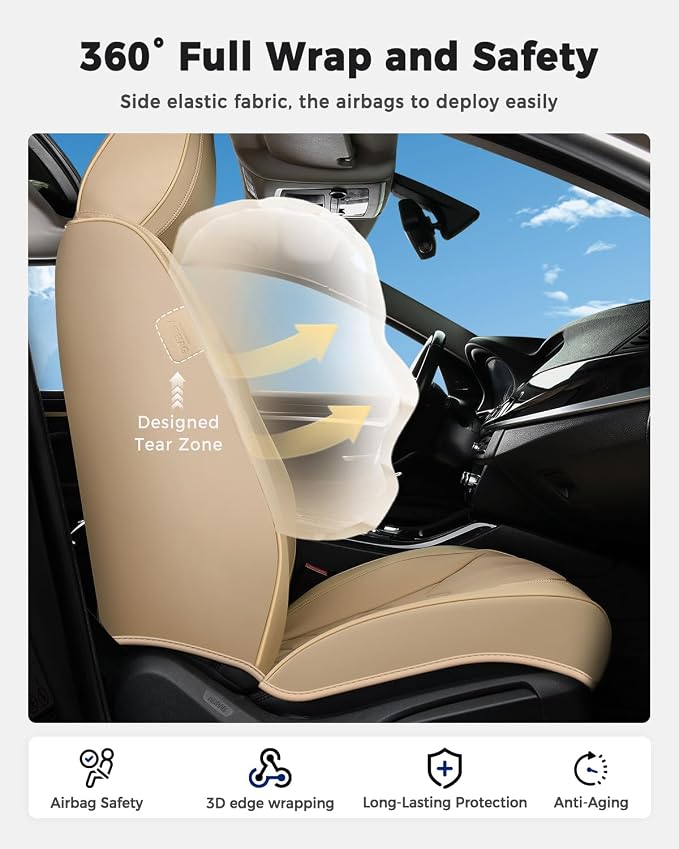 Huidasource Seat Covers Full Set, Universal Fit for Cars SUVs Trucks, Beige | Full Coverage Leather Car Seat Cover, Airbag, Cupholder Compatible, Seat Function Retain, Velcro Adjustable